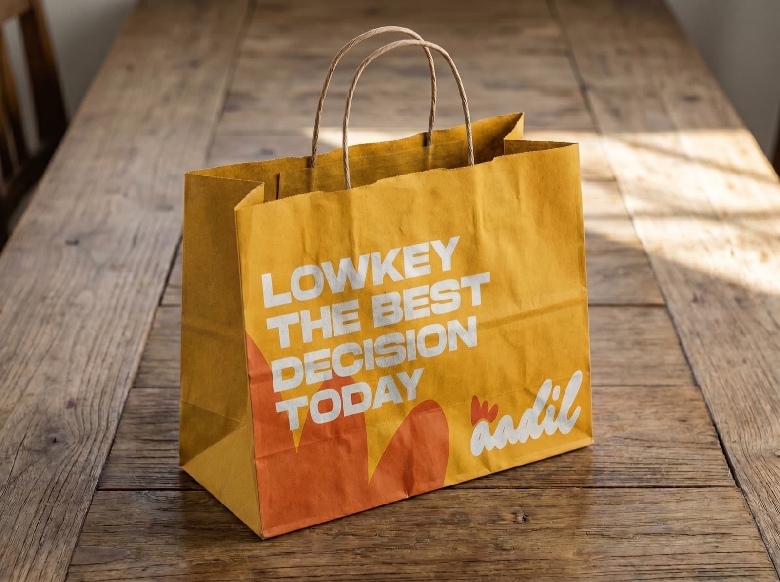Kraft carrier bag reading Lowkey The Best Decision Today