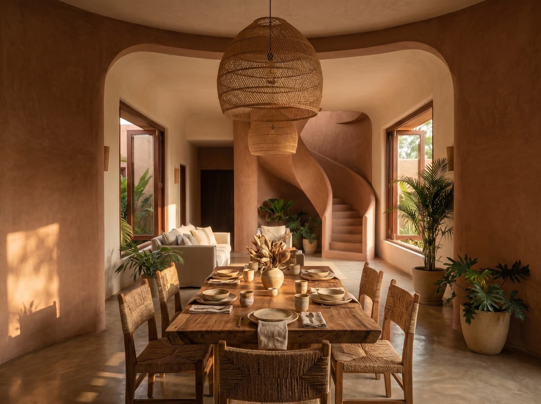 Dining room with reclaimed timber table, woven rush chairs and two large cane pendants