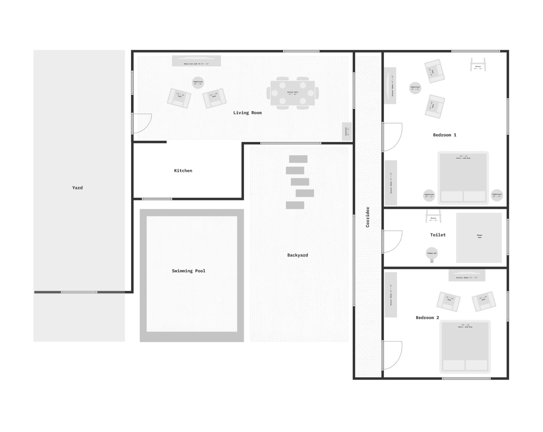 Floor plan: yard, living room, kitchen, swimming pool, exterior corridor, two bedrooms