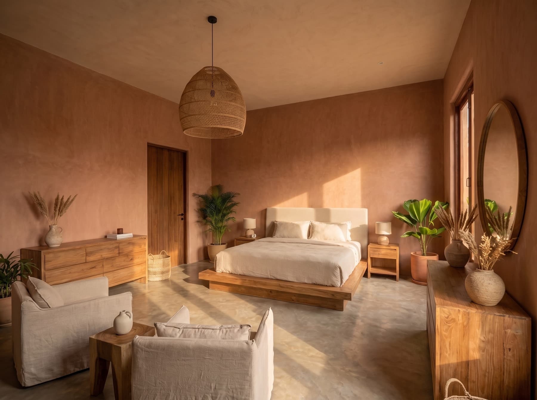 Bedroom with low timber platform bed, cane pendant, round brass mirror and dried grasses